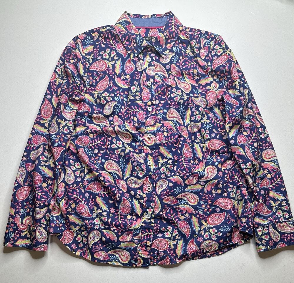 Talbots Blue Paisley Cotton Button Up Long Sleeve Top Shirt SP Small Petite S